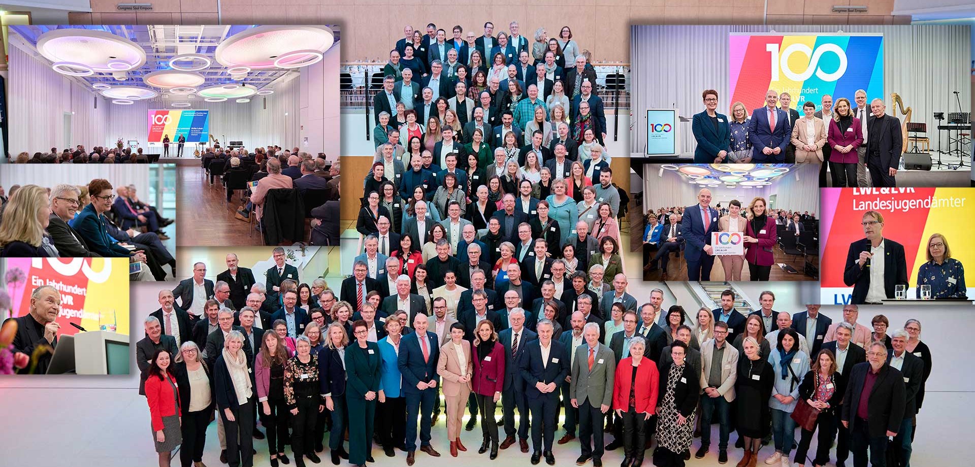 Eine Collage mehrerer Fotos mit den Teilnehmenden und den Akteuren des Festakts "100 Jahre Landesjugendämter in NRW" (Foto: LWL/Urban)